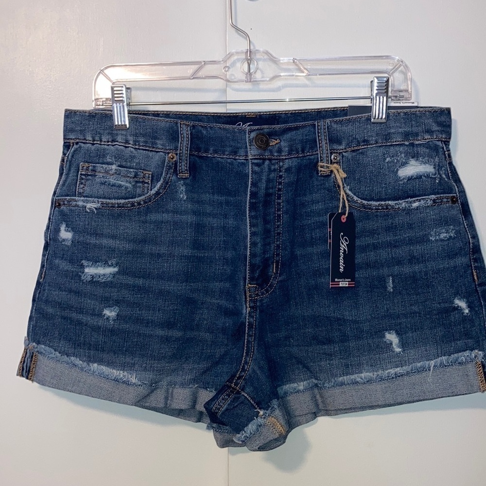 Anvain Cuffed Hem Jean Shorts Medium Blue Distressed Cotton Denim Women’s 12